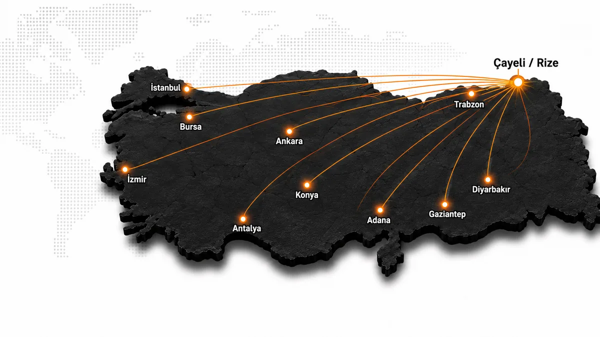 Çayeli ve Rize çıkışlı Türkiye sevkiyat hatlarını gösteren rota haritası