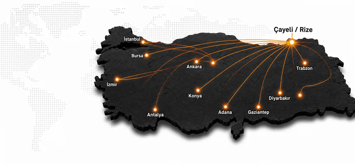 Çayeli ve Rize çıkışlı Türkiye sevkiyat hatlarını gösteren rota haritası